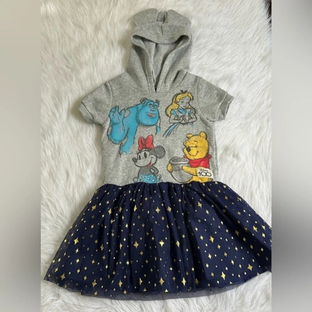 Disney 100 Grey Sweater Dress Girls Size S (6/6X) Grey Short Sleeve Hooded Tutu